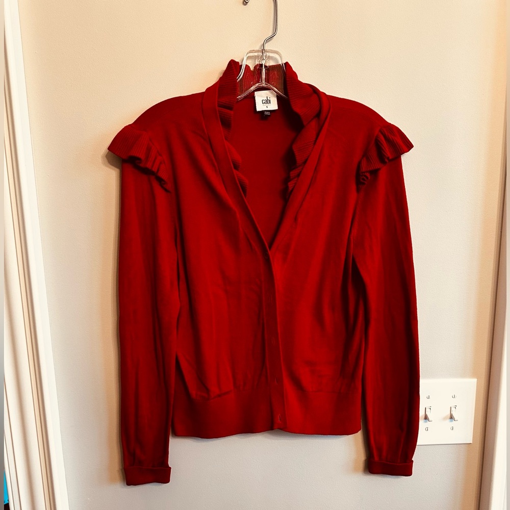 CAbi Vibrant Red Ruffle-Shoulder Cardigan